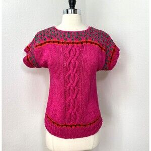 Vintage 80s Liz Claiborne Hot Pink Cable Knit Sweater Med Short Sleeves Colorful